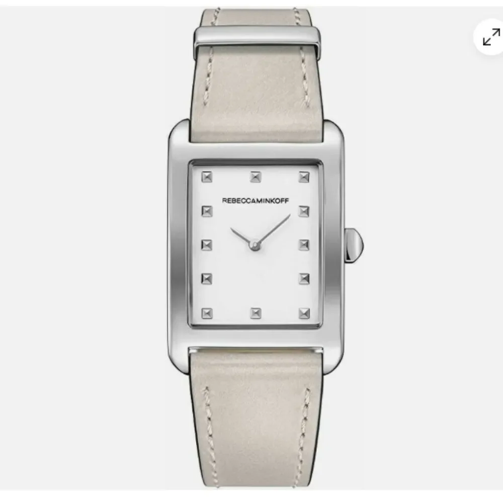 NEW Rebecca Minkoff BeigenGenuine Leather Moment Stainless Steel Watch